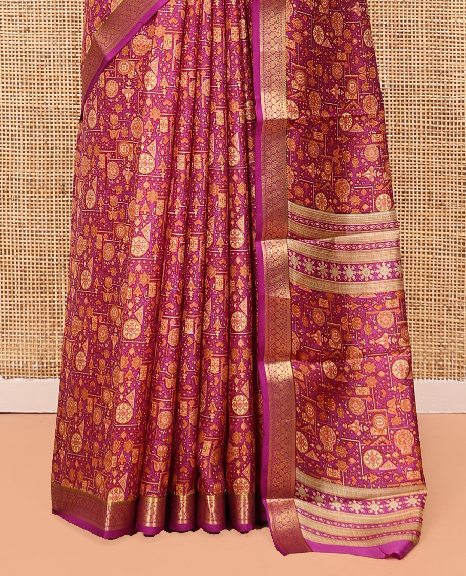 Magenta Printed Silk Saree Features an Intricate Design, a Traditional Zari Border, an Intricate Pallu, and Matching Blouse