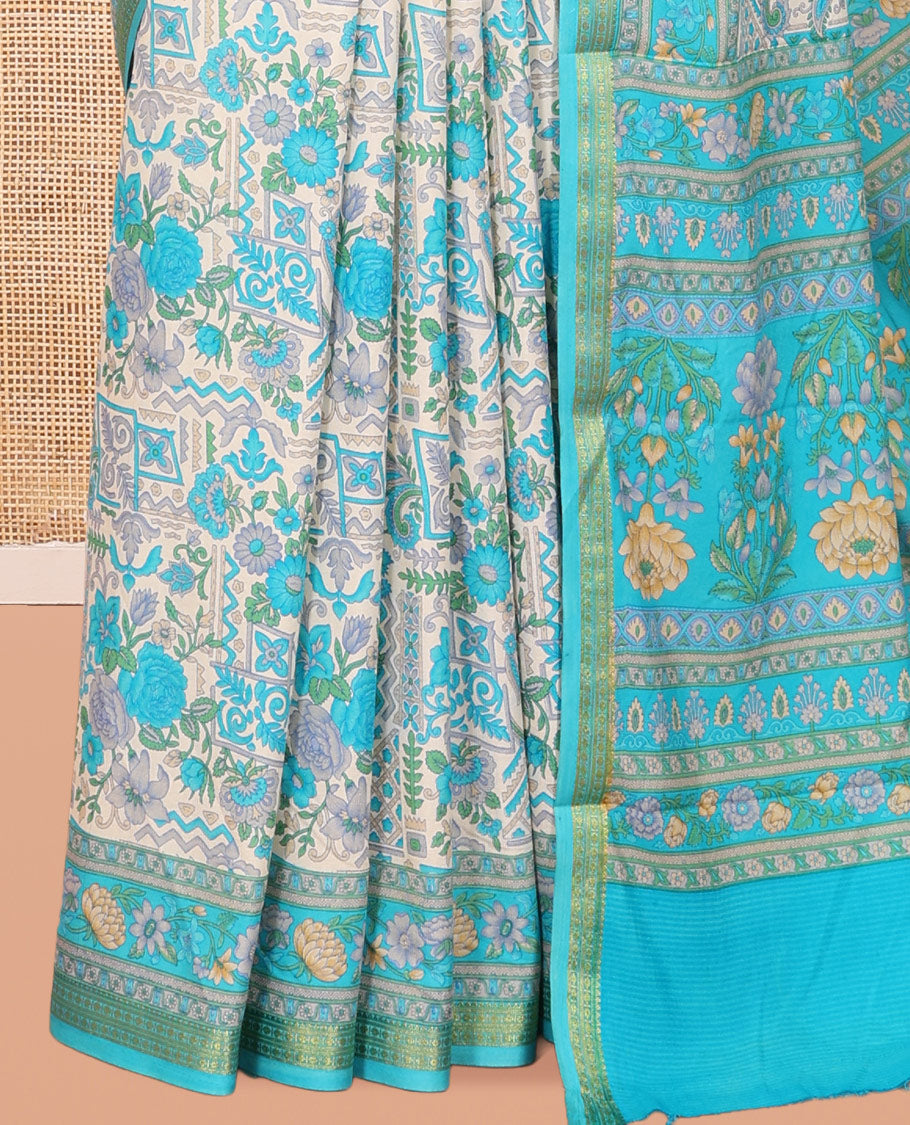 Blue Printed Silk Saree, Embellished with Intricate Floral Print, a Traditional Zari Border, Floral Pallu, and a Matching Blouse