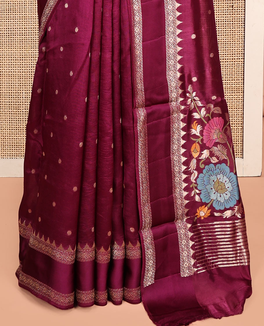 Purple Matka Silk Saree, Embellished with Buttas All Over Its Body, Complemented by Temple Traditional Design Border, Pallu of Meenakari Floral Designs, and Paired with Matching Blouse