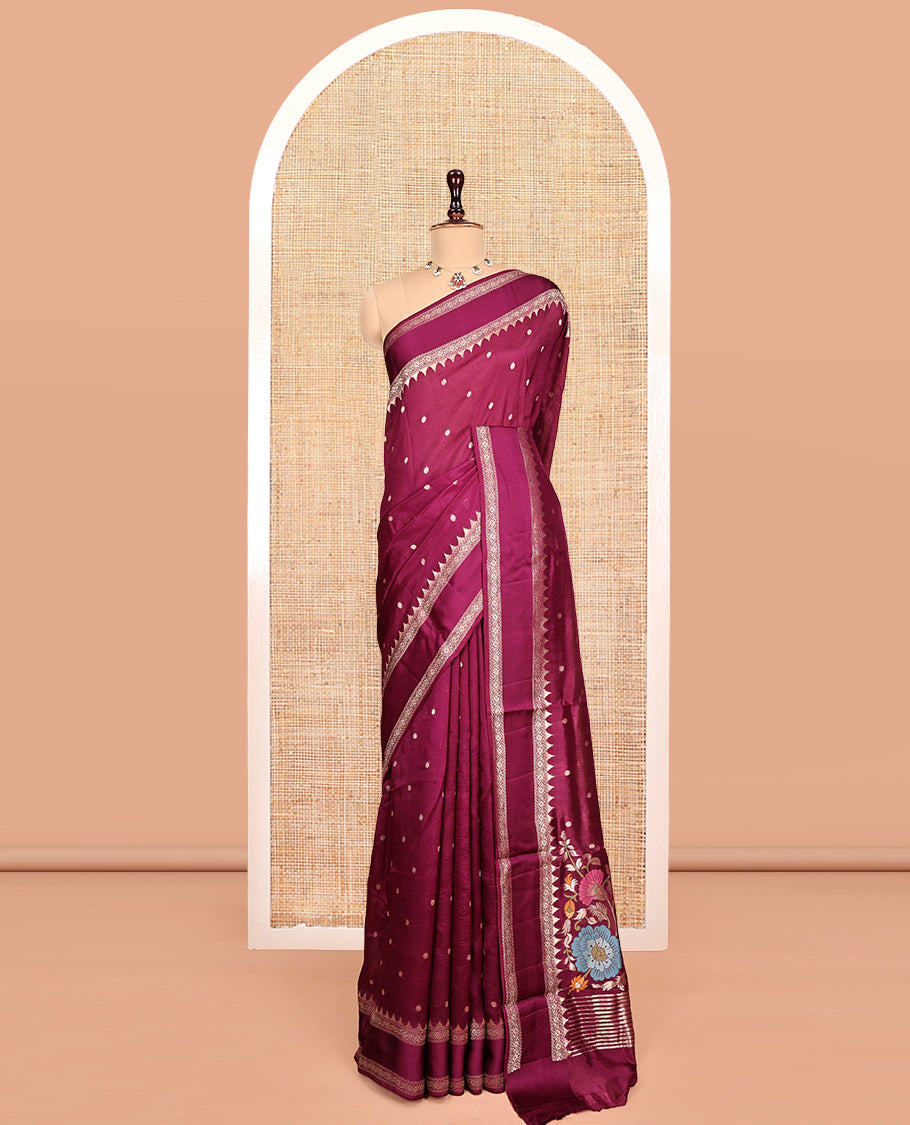 Purple Matka Silk Saree, Embellished with Buttas All Over Its Body, Complemented by Temple Traditional Design Border, Pallu of Meenakari Floral Designs, and Paired with Matching Blouse
