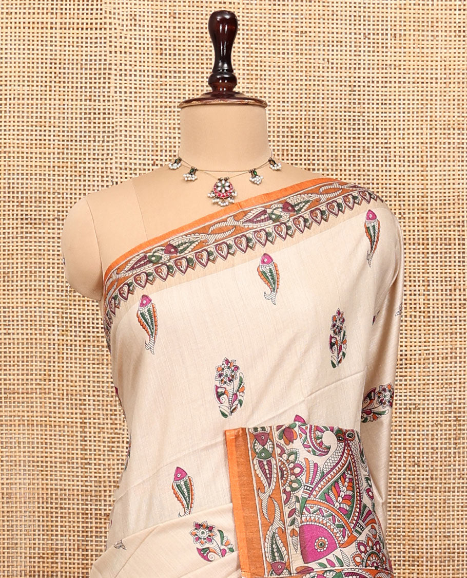 Cream Tussar Silk Saree, Artfully Detailed with Floral-Fish Madhubani Print, a Complemented by Contrast Madhubani Printed Border, Pallu of Madhubani Fishes, and a Contrast Blouse