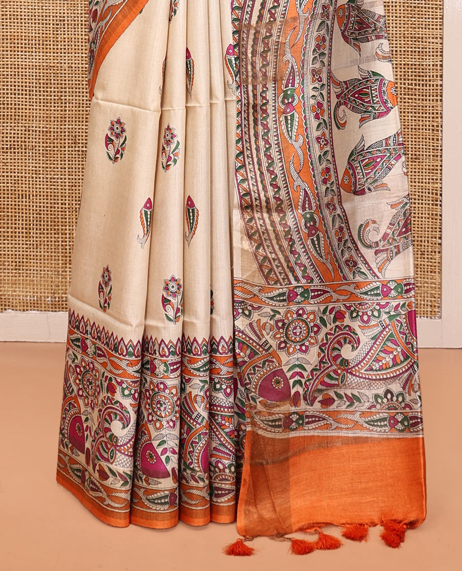 Cream Tussar Silk Saree, Artfully Detailed with Floral-Fish Madhubani Print, a Complemented by Contrast Madhubani Printed Border, Pallu of Madhubani Fishes, and a Contrast Blouse