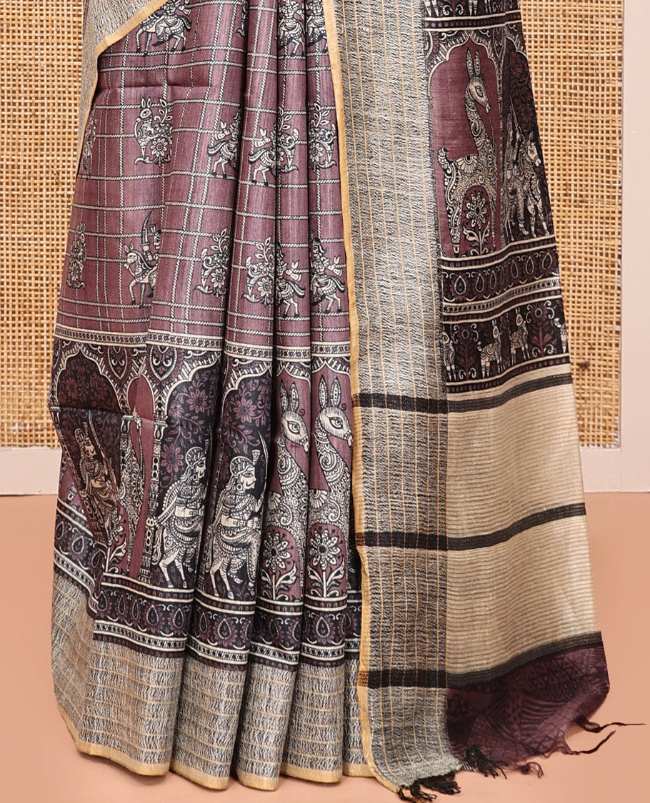 Purple Tussar Silk Saree, Styled with Human Motif and Checks, Contrast Geometric and Human Motif Border, Heathered Pallu, and Matching Blouse