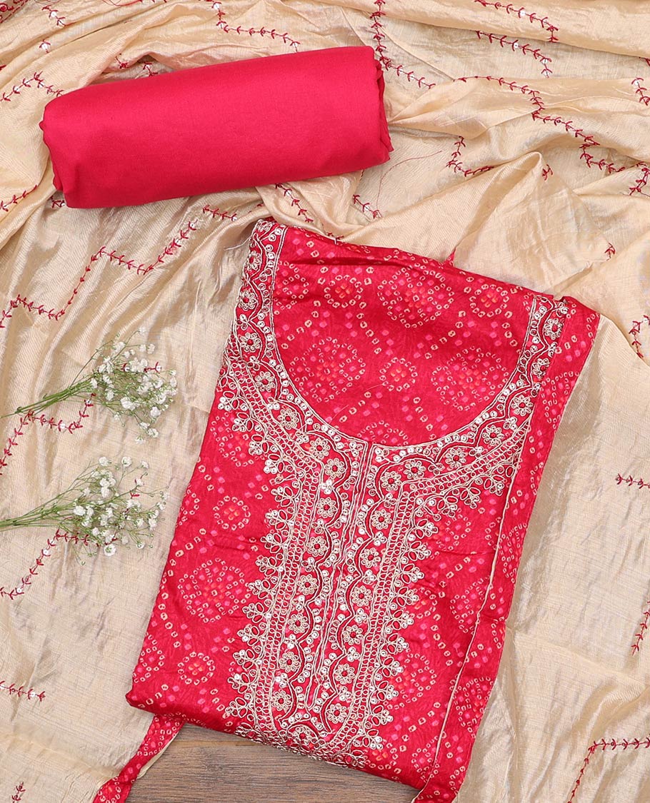 Red material churidar set, bandhani with neck embroidery cotton top, plain cotton bottom, and contrast sequins vine embroidered chanderi dupatta
