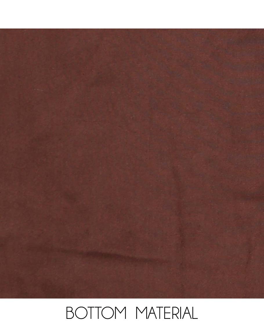 Brown material chudidar set, Ajrakh print with mirror work neck embroidered top, plain bottom, and plain lace border dupatta