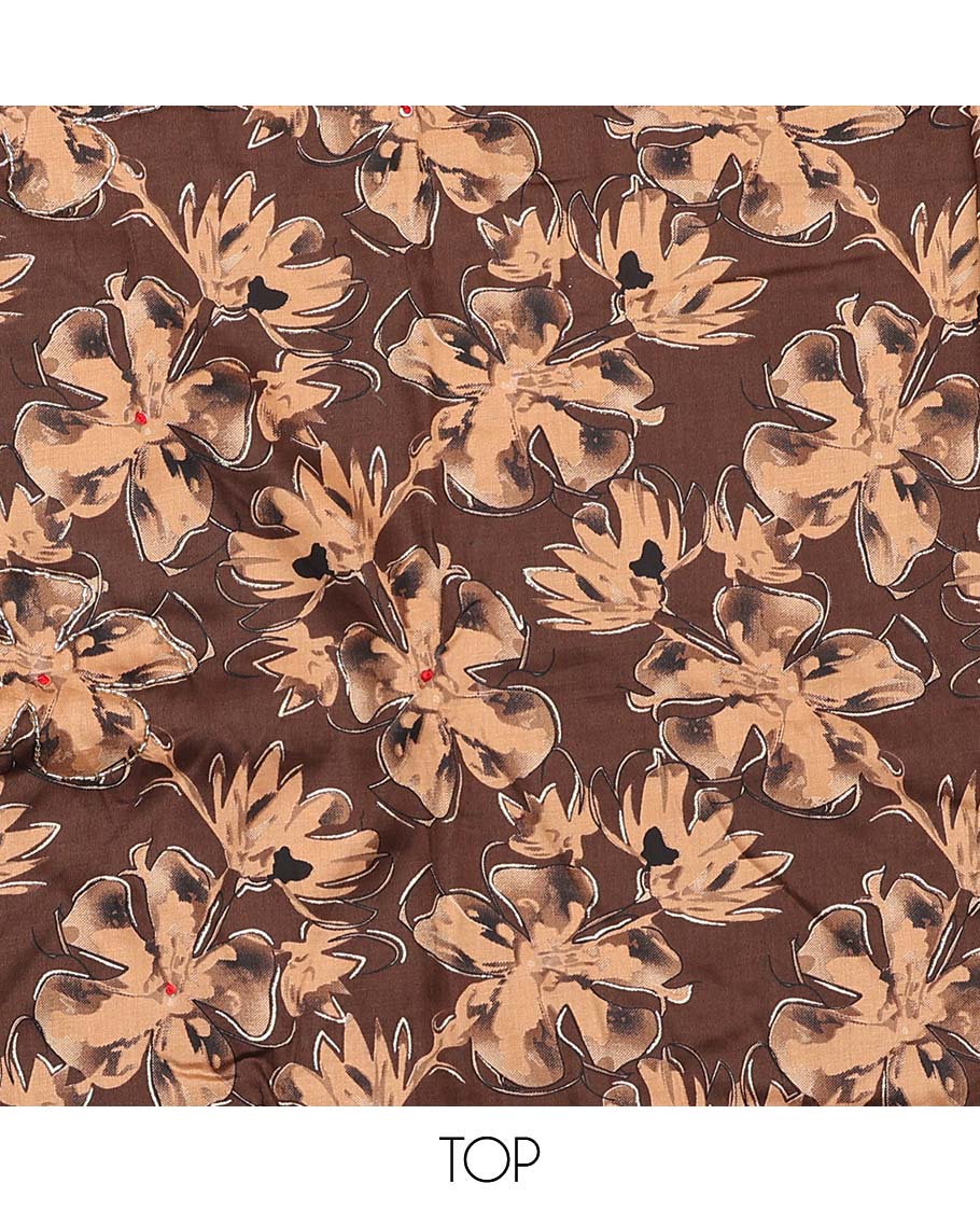 Brown material chudidar set, Ajrakh print with mirror work neck embroidered top, plain bottom, and plain lace border dupatta