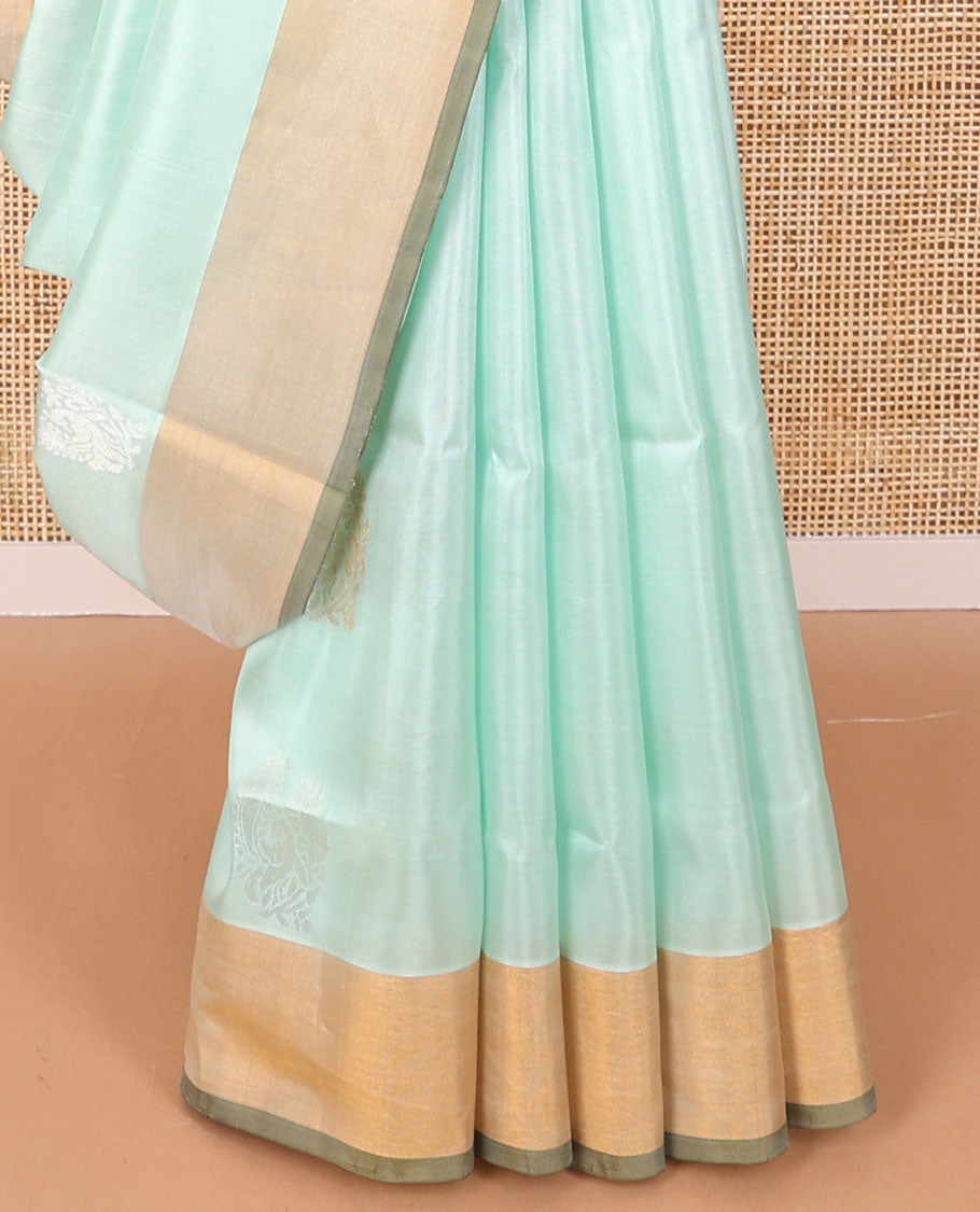 Light blue motifs uppada saree with contrast zari border & floral design pallu