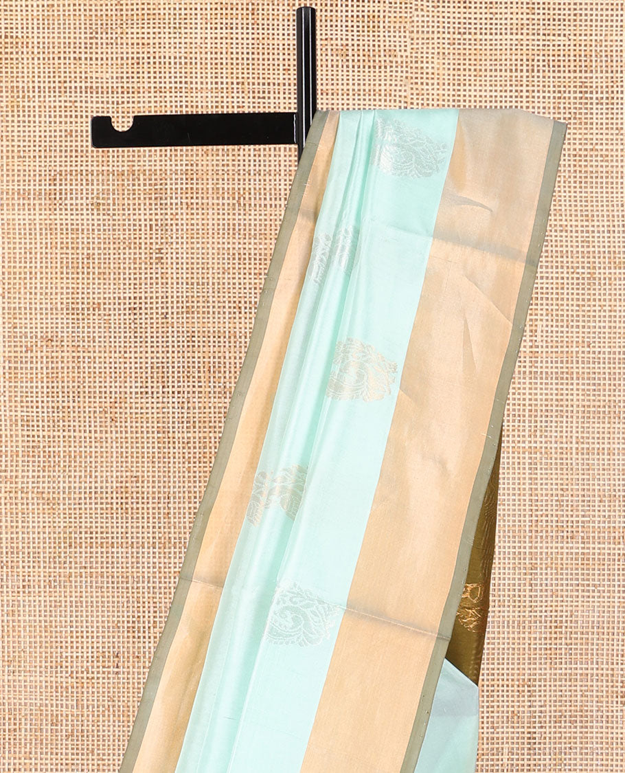 Light blue motifs uppada saree with contrast zari border & floral design pallu