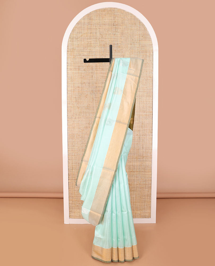 Light blue motifs uppada saree with contrast zari border & floral design pallu