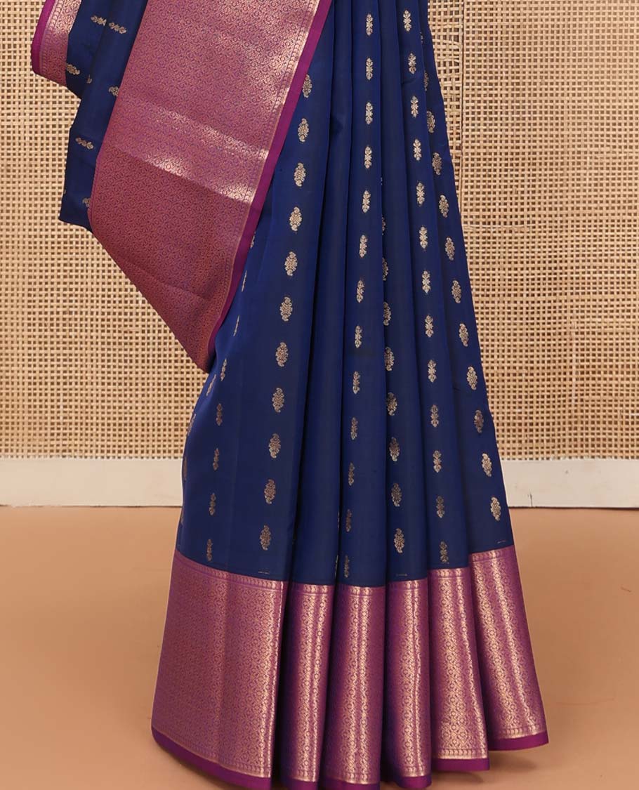 Blue zari buttas Vasundhara silk mix saree, contrast traditional design border, and jaal pallu