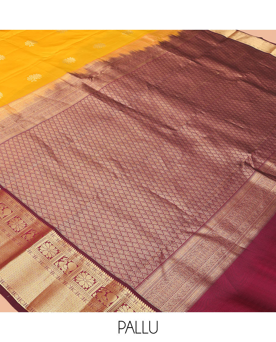 Yellow Vasundhara Lite Silk Mix Saree Dazzled with Zari Buttas, Complemented by a Contrast Border Featuring Rekku, Diamond, Muthu, Mayil, Kamalam, and Mayil Kann Designs, and Zari Elevated Jaal Pallu, and a Contrast Blouse