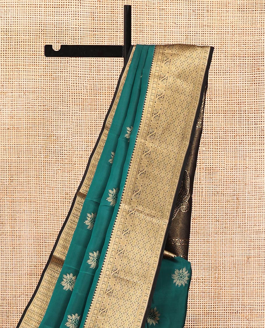 Green Vasundhara Lite Silk Mix Saree, Adorned with Zari Buttas All Over Its Body, Complemented by Contrast Border of Floral and Jaal Designs, Grand Pallu, and Paired with a Contrast Blouse