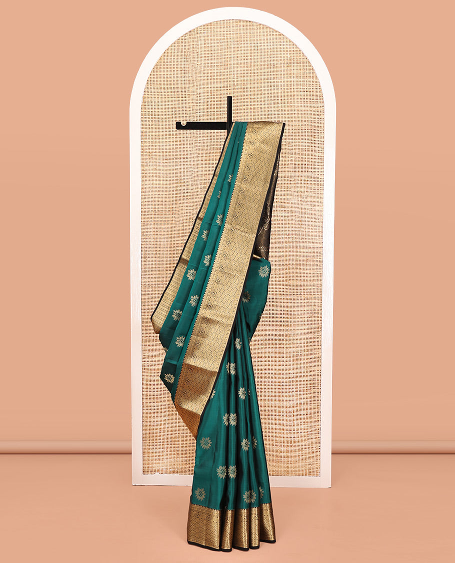 Green Vasundhara Lite Silk Mix Saree, Adorned with Zari Buttas All Over Its Body, Complemented by Contrast Border of Floral and Jaal Designs, Grand Pallu, and Paired with a Contrast Blouse