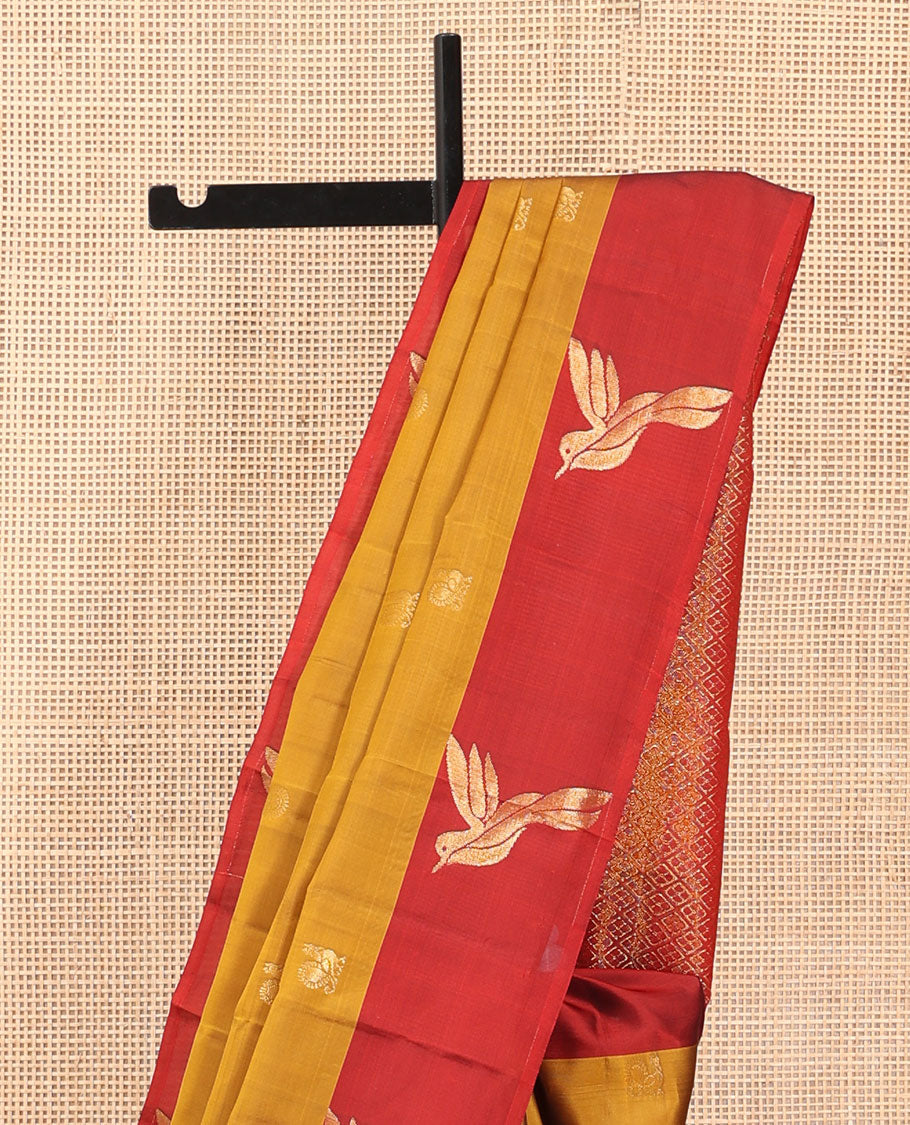 Mustard Mayil-Chakra Buttas Vasundhara Lite Silkmix Saree, a Contrast Bird Border, Jaal Pallu, Contrast Blouse