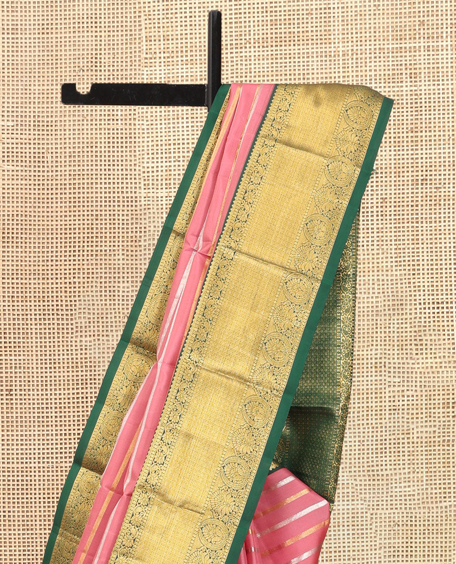 Pink Vasundhara Silk Saree, Embellished with Zari Stripes, a Contrast Border of Jaal, and Chakram Designs, a Diagonally Striped Pallu, and a Contrast Blouse