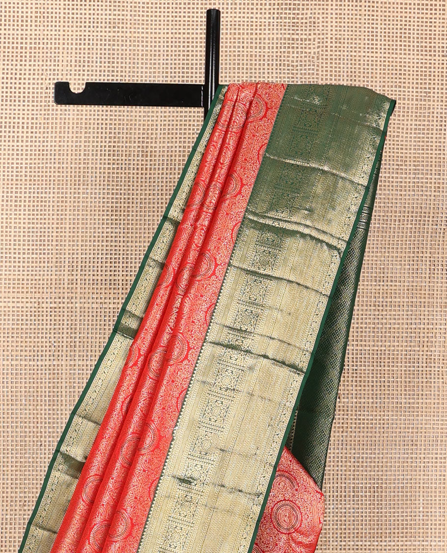 Red jacquard wedding silksaree, contrast jaal pallu & border of thilakam,kathir,bentex, floral & vanki designs