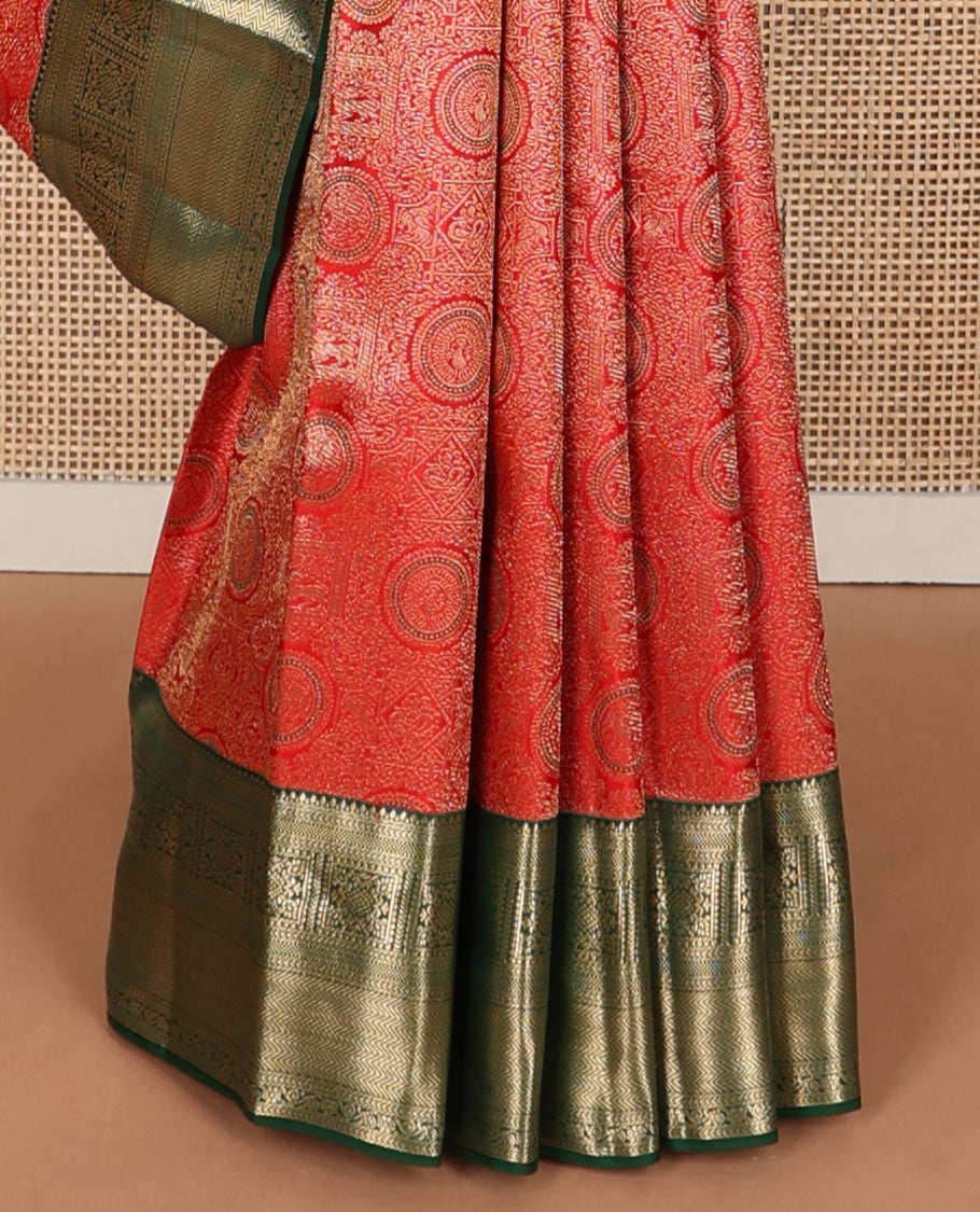 Red jacquard wedding silksaree, contrast jaal pallu & border of thilakam,kathir,bentex, floral & vanki designs