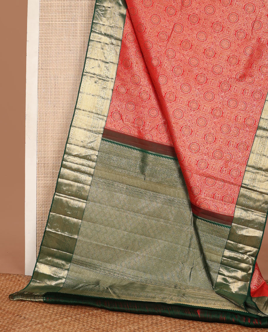 Red jacquard wedding silksaree, contrast jaal pallu & border of thilakam,kathir,bentex, floral & vanki designs