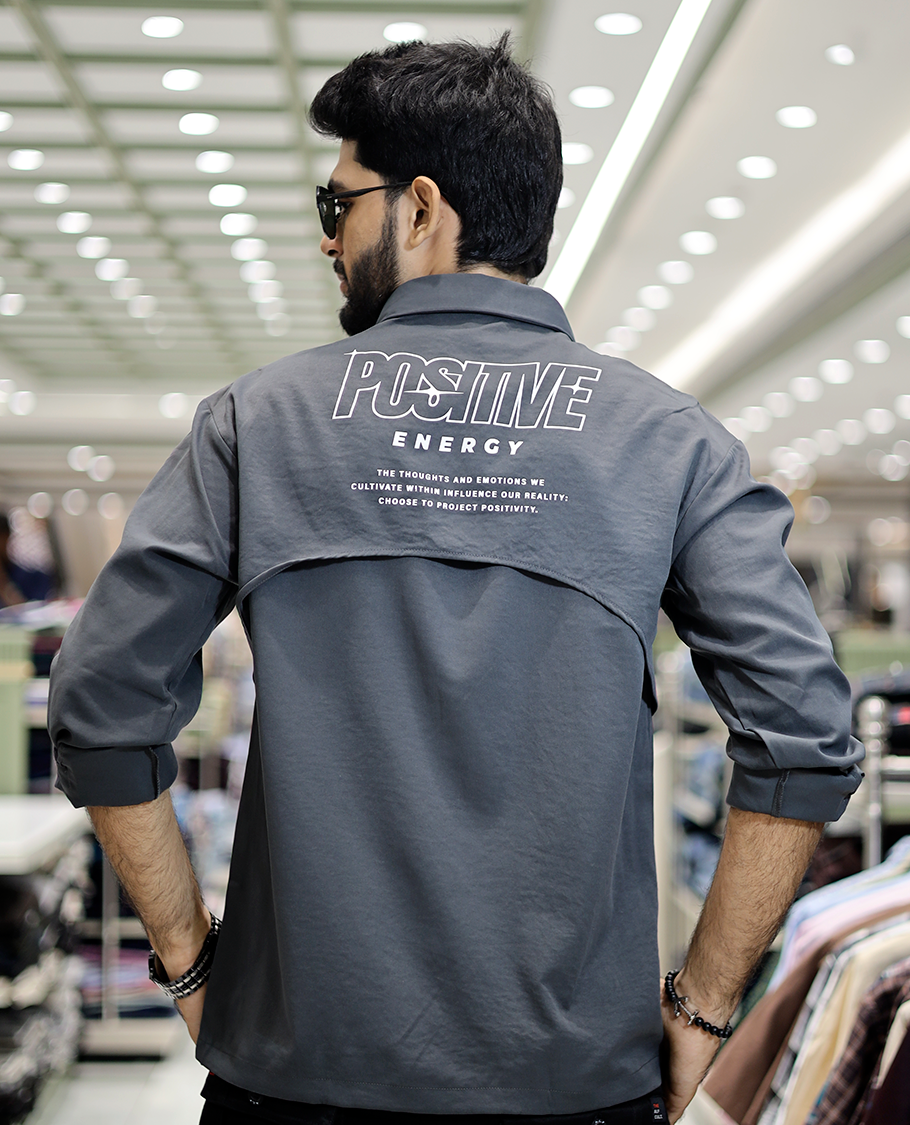 Grey Poly-Blended Back Flap Casual Shirt