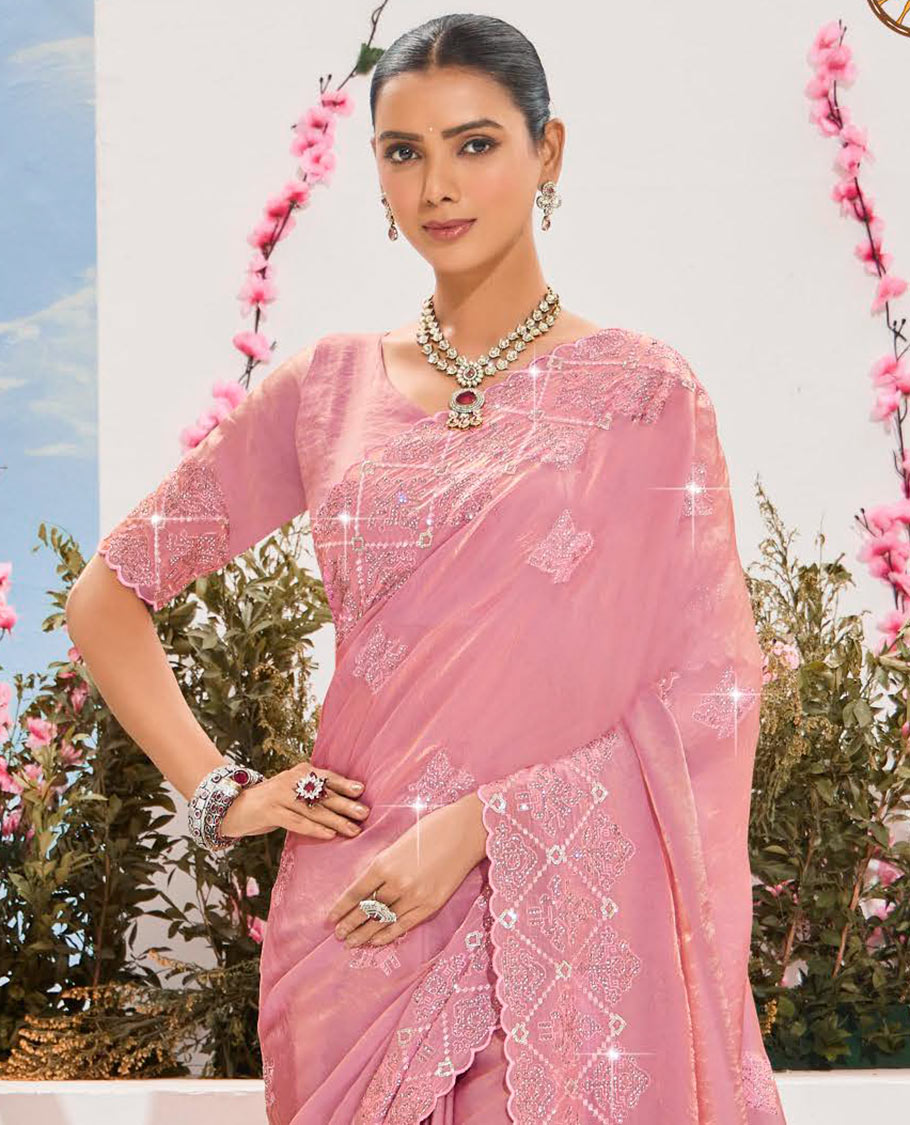 Pink stone embroidered designer saree, scallop border, and embroidered pallu
