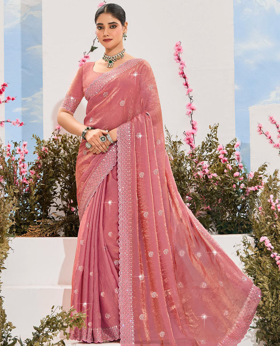 Pink stone embroidered designer saree, scallop border, and embroidered pallu