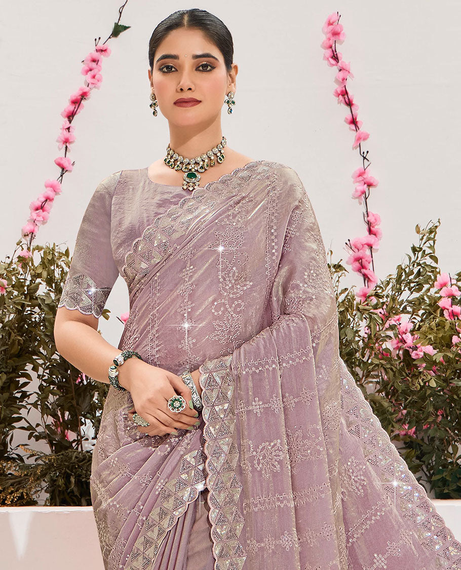 Onion pink sequins embroidered organza designer saree, scallop embroidered border & embroidered pallu