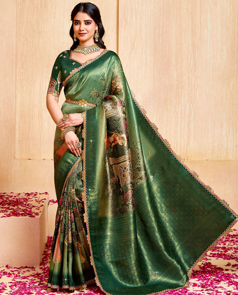 Green human motifs printed fancy soft saree, contrast patch embroidery border, jaal stone work pallu, & embroidered belt