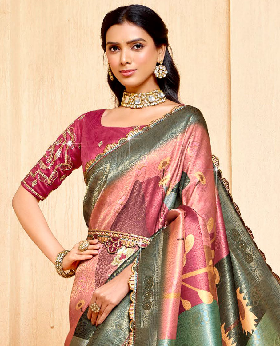 Pink floral printed fancy soft saree, contrast patch embroidery border, jaal stone work pallu, & embroidered belt