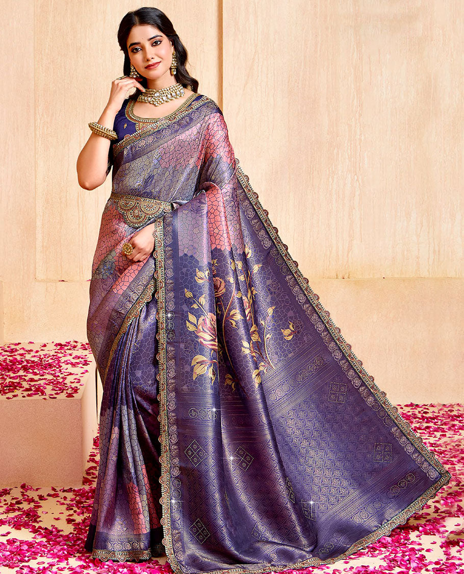 Blue floral-geometric printed fancy soft saree, contrast patch embroidery border, jaal stone work pallu, & embroidered belt