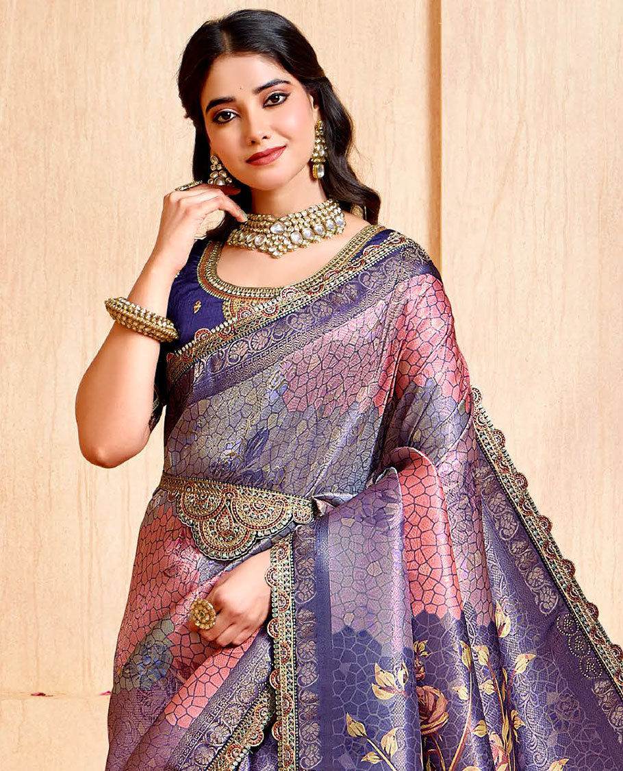 Blue floral-geometric printed fancy soft saree, contrast patch embroidery border, jaal stone work pallu, & embroidered belt
