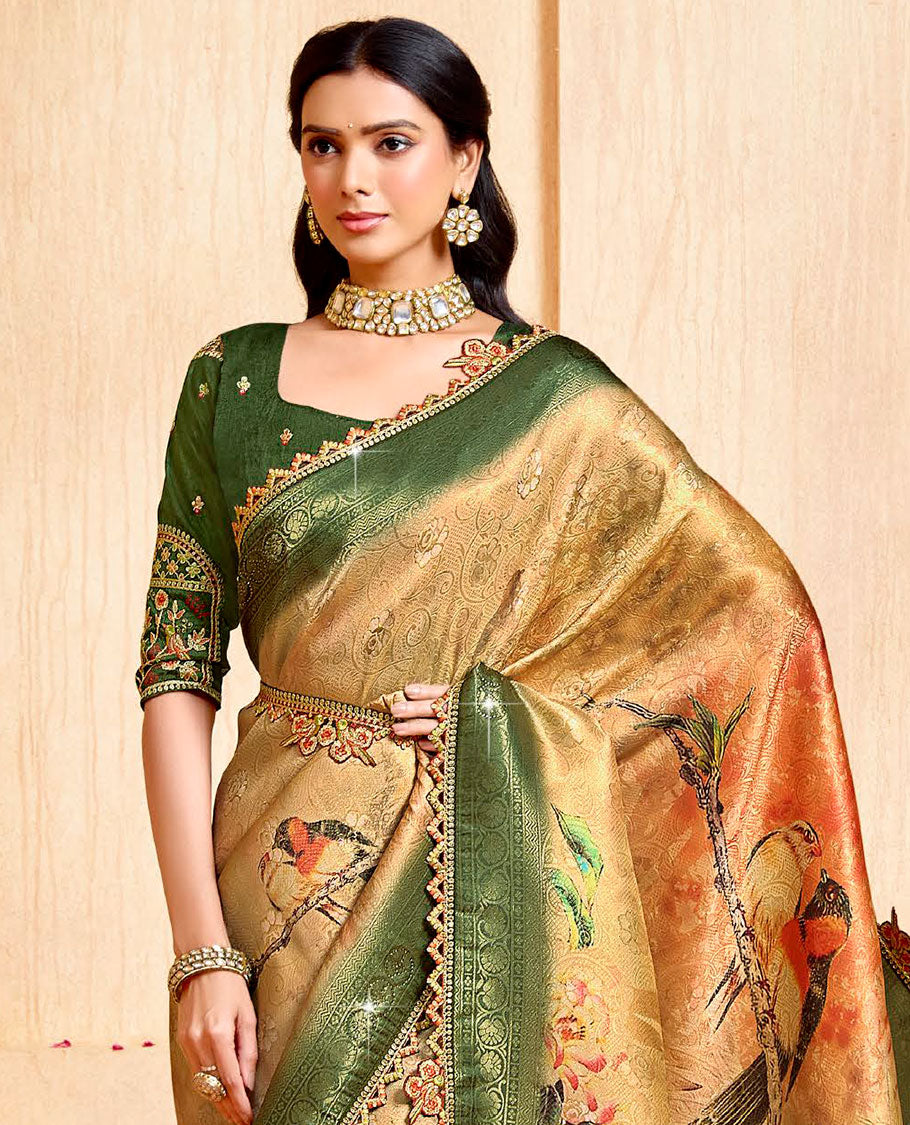 Sandal nature-theme printed fancy soft saree, contrast patch embroidery border, jaal stone work pallu, & embroidered belt
