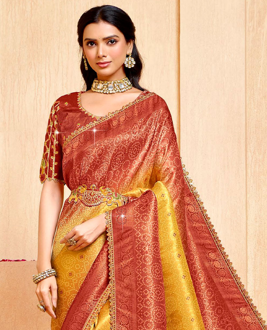 Yellow bandhani printed fancy soft saree, contrast patch embroidery border, jaal stone work pallu, & embroidered belt