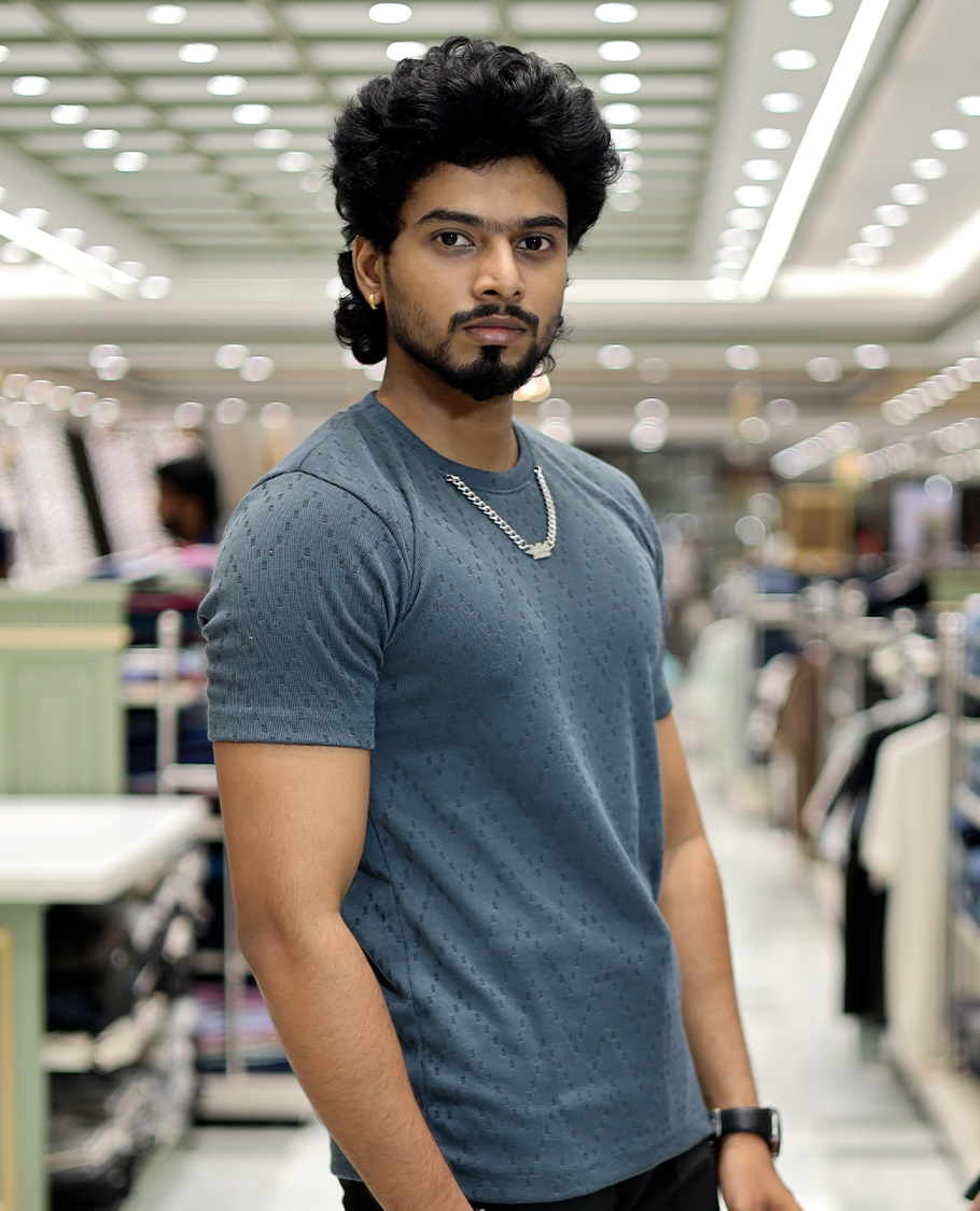 Dark Grey Chevron Cotton-Blended T-Shirt