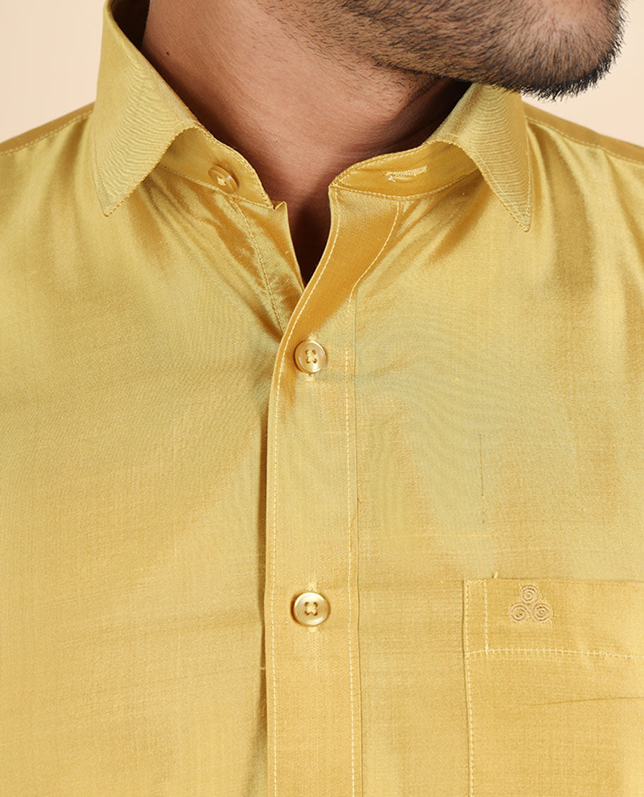 Gold color plain design full-sleeve pure-silk shirt
