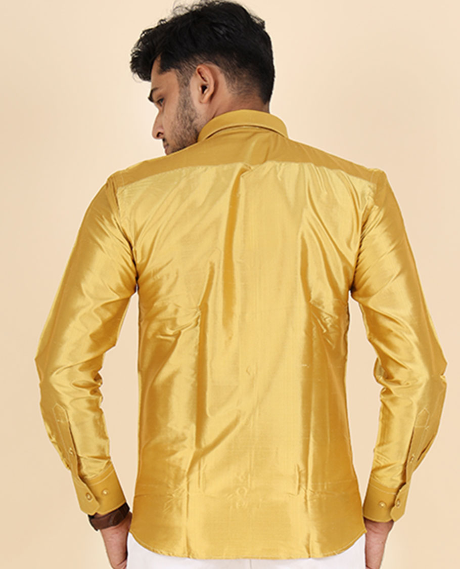 Gold color plain design full-sleeve pure-silk shirt