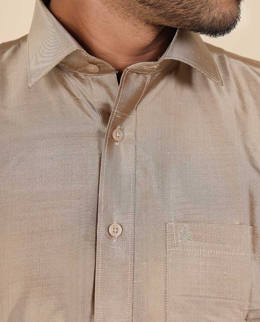 Dark fawn brown color plain design half-sleeve pure-silk shirt
