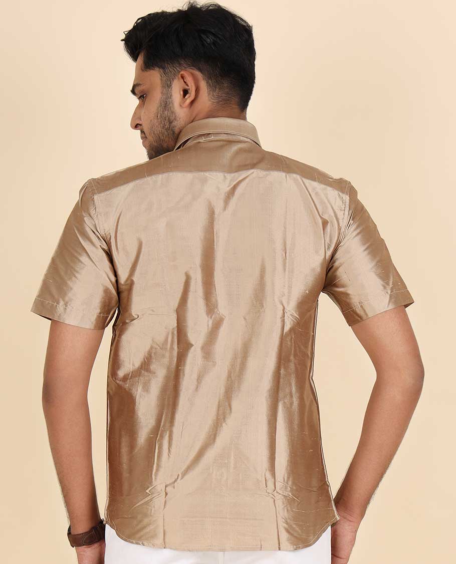 Dark fawn brown color plain design half-sleeve pure-silk shirt
