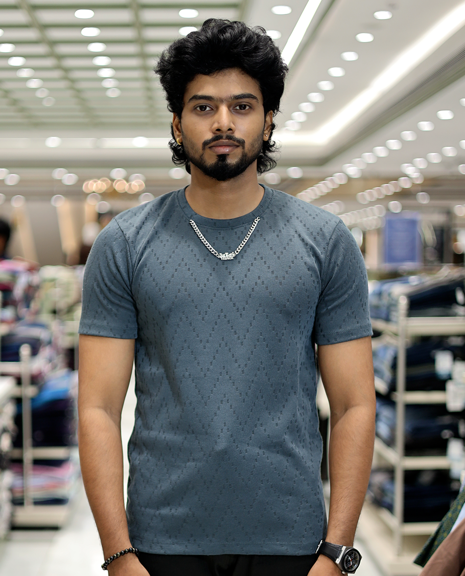Dark Grey Chevron Cotton-Blended T-Shirt