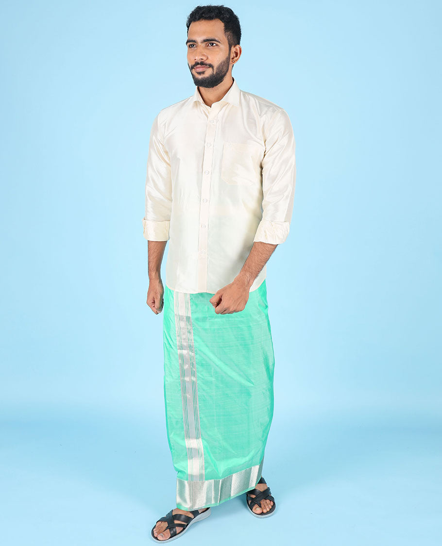 Green traditional zari border pure double-layer silk dhoti with kuyil kann border angavastram