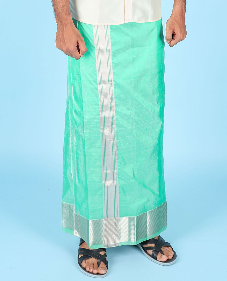 Green traditional zari border pure double-layer silk dhoti with kuyil kann border angavastram