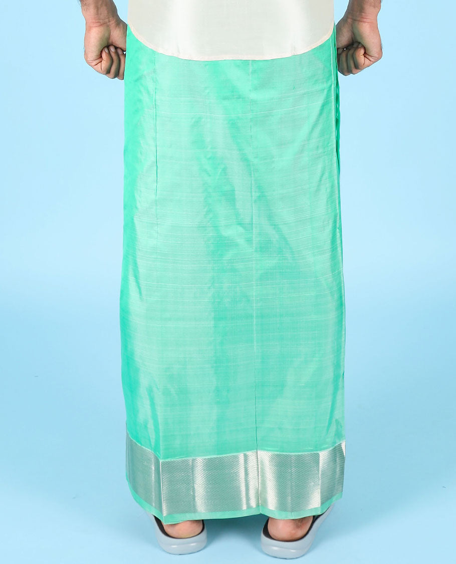 Green traditional zari border pure double-layer silk dhoti with kuyil kann border angavastram