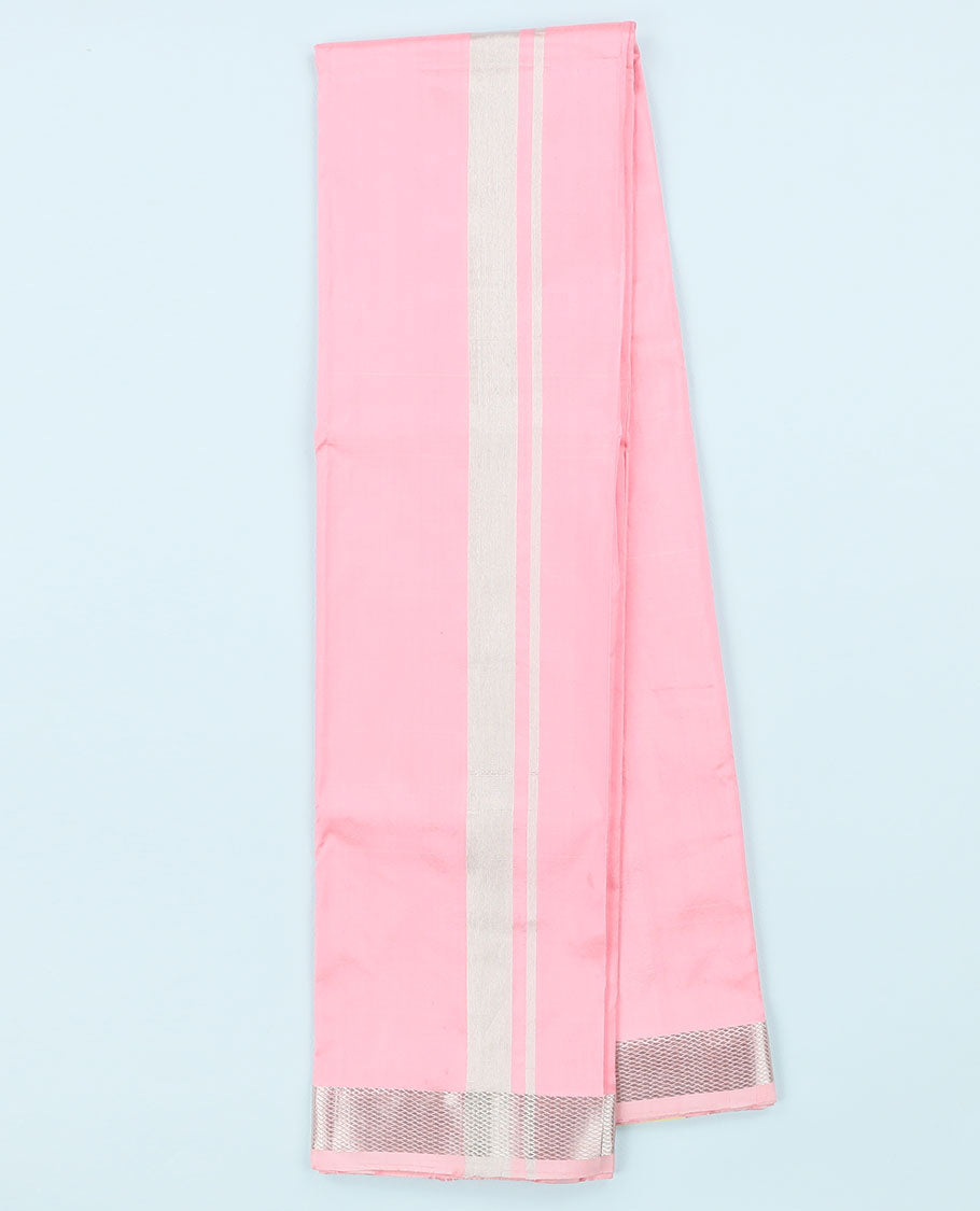 Pink pure kancheepuram wedding double-layer contrast silk dhoti & kuyil kann border angavastram
