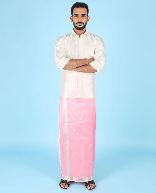 Pink pure kancheepuram wedding double-layer contrast silk dhoti & kuyil kann border angavastram