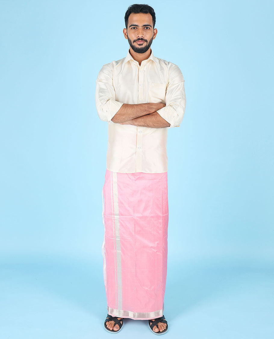 Pink pure kancheepuram wedding double-layer contrast silk dhoti & kuyil kann border angavastram