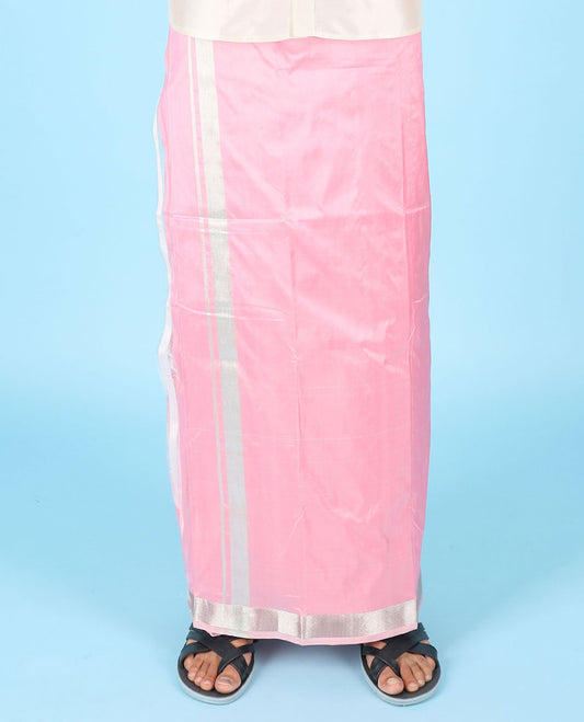 Pink pure kancheepuram wedding double-layer contrast silk dhoti & kuyil kann border angavastram