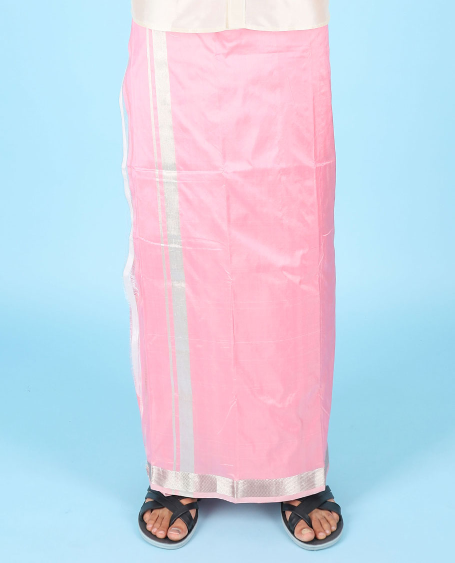Pink pure kancheepuram wedding double-layer contrast silk dhoti & kuyil kann border angavastram