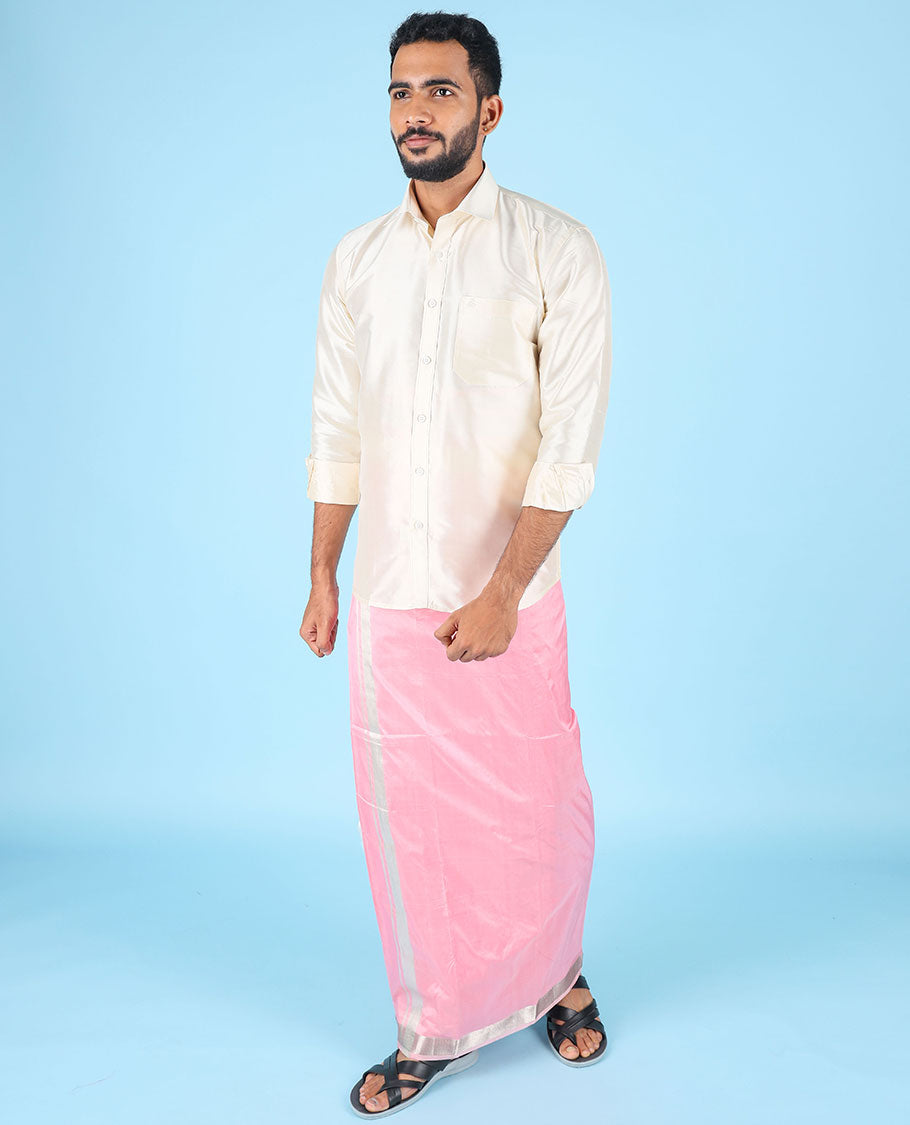Pink pure kancheepuram wedding double-layer contrast silk dhoti & kuyil kann border angavastram