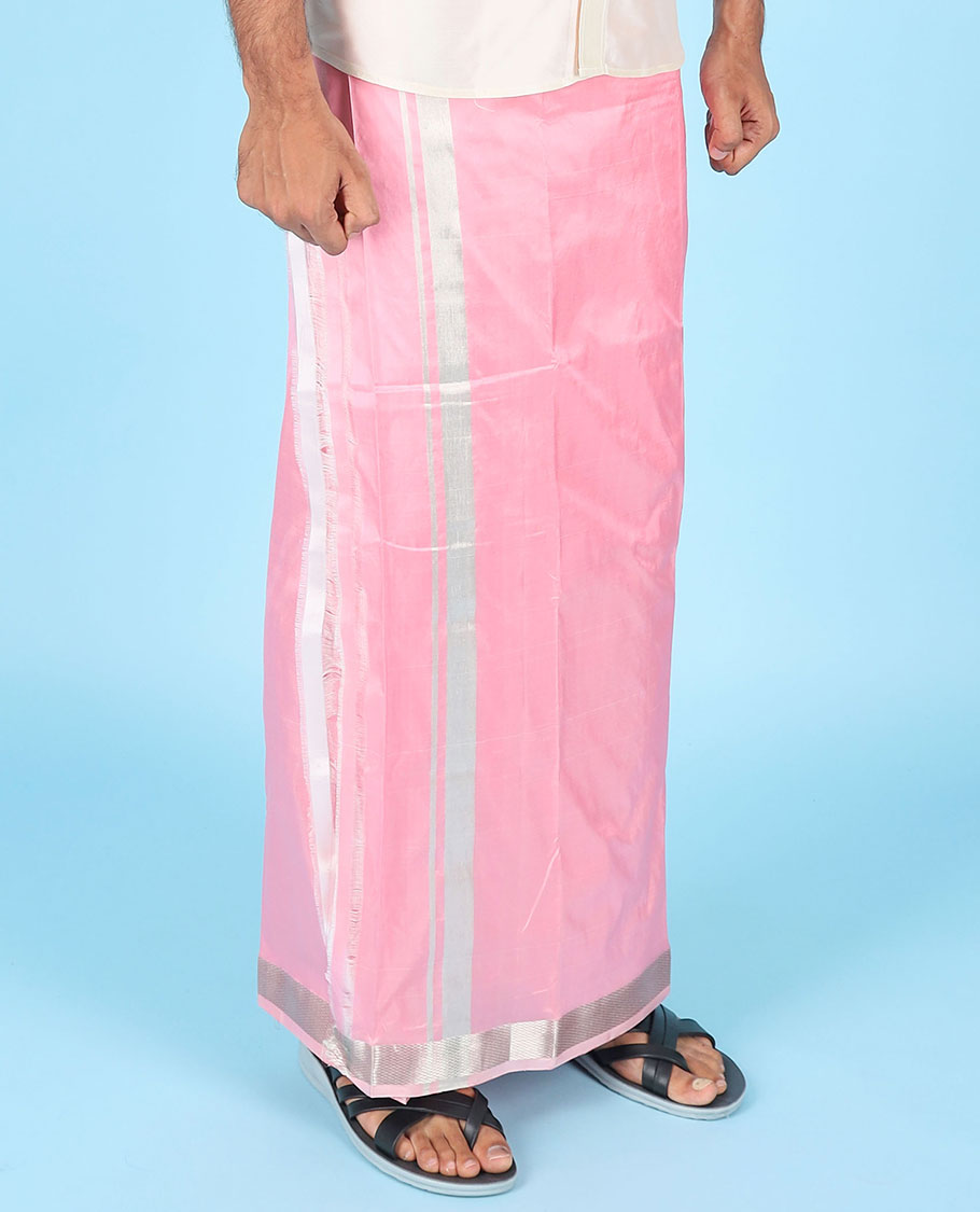 Pink pure kancheepuram wedding double-layer contrast silk dhoti & kuyil kann border angavastram