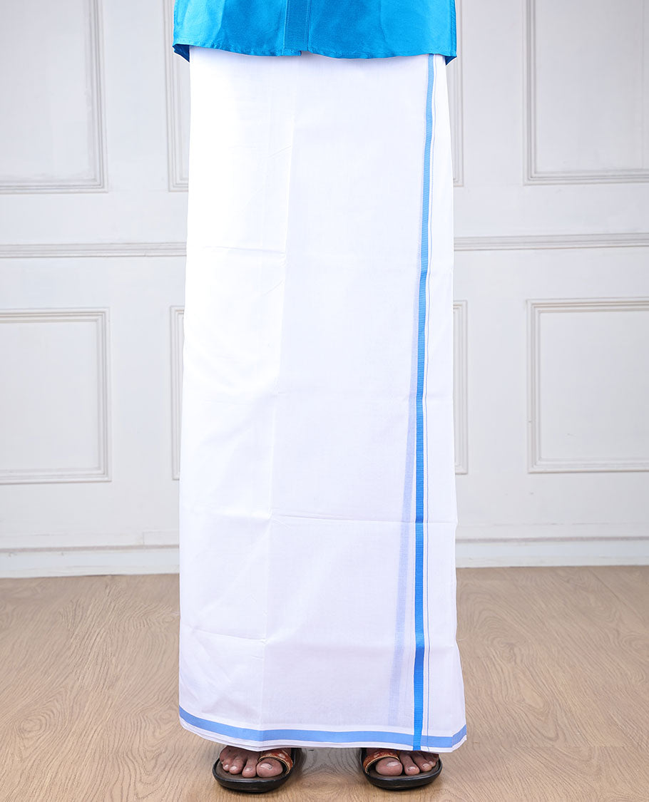 Minister White 4-yard cotton White dhoti with contrast light blue border