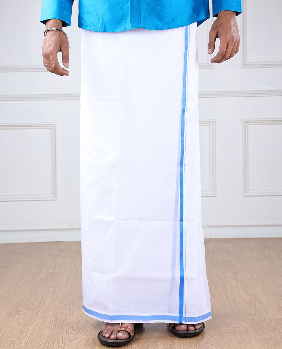 Minister White 4-yard cotton White dhoti with contrast light blue border